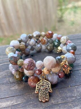 Ocean Jasper multifaceted Memory Wire Bracelet w/Hamsa Hands Spiritual Jewelry